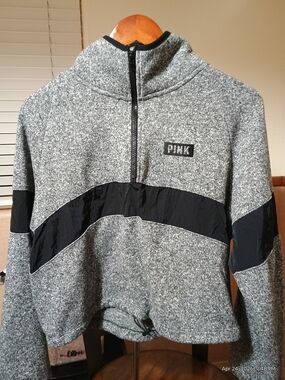 PINK Victoria's Secret Men's Gray Half-Zip Sweater with Black Accent Panels